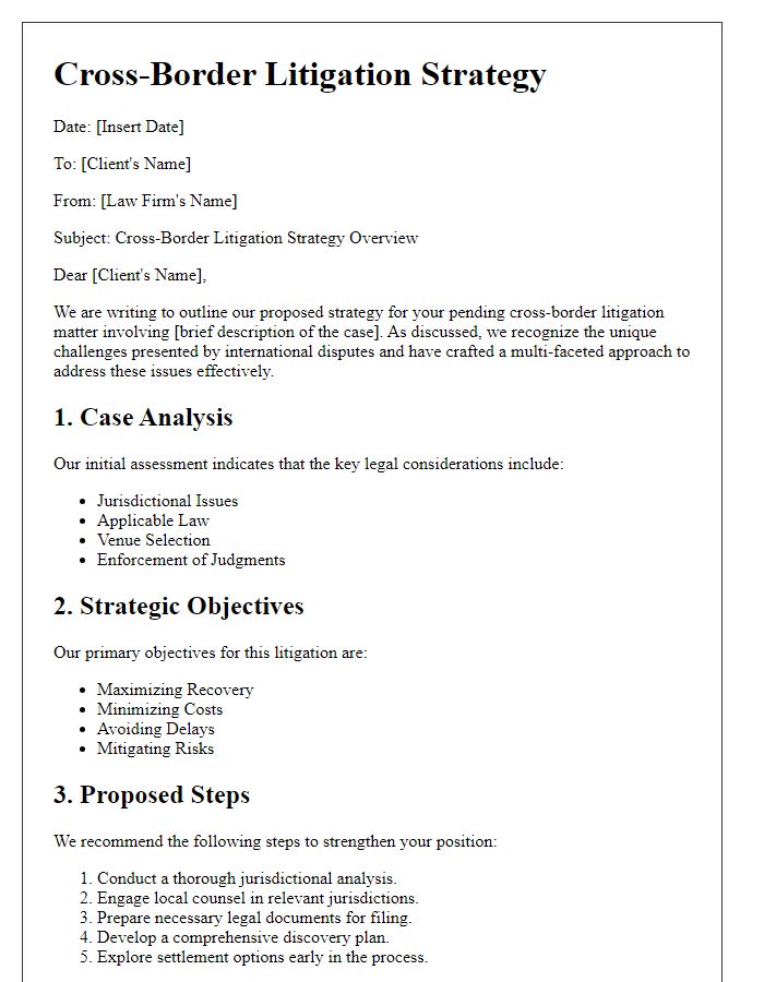 Letter template of cross-border litigation strategy for law firms