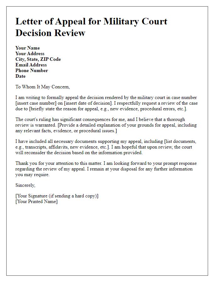 Letter template of appeal for military court decision review