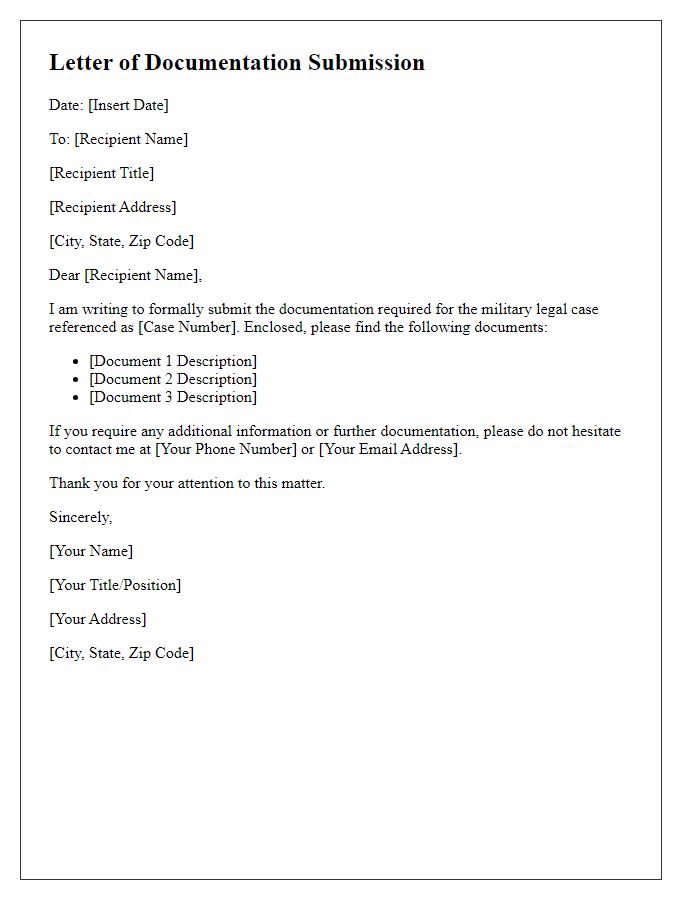 Letter template of documentation submission for military legal case