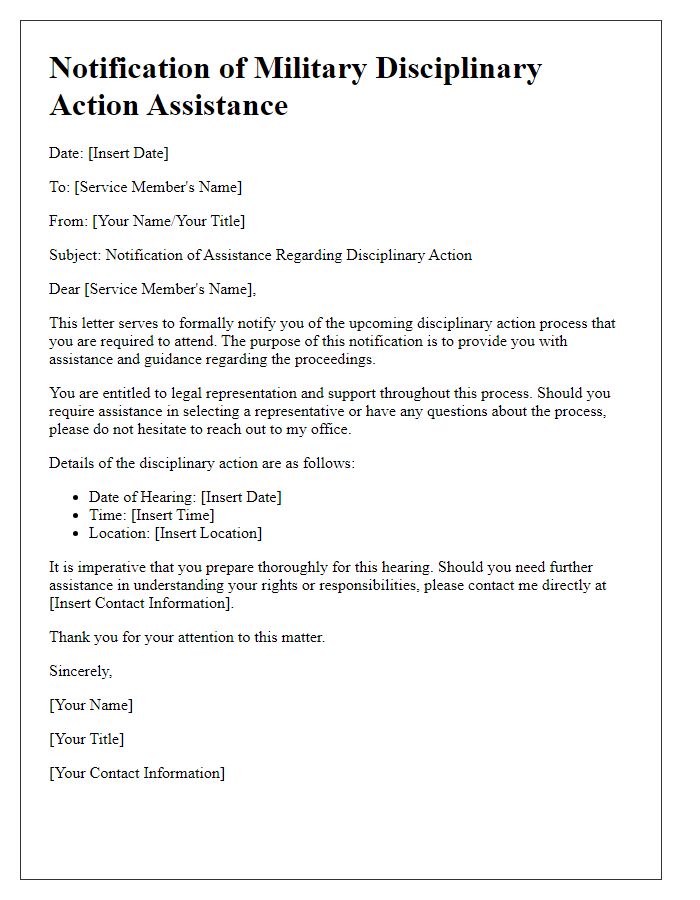 Letter template of notification for military disciplinary action assistance