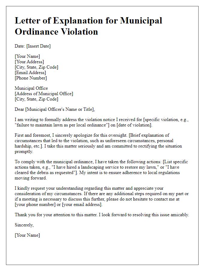 Letter template of explanation for municipal ordinance violation