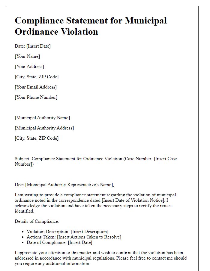 Letter template of municipal ordinance violation compliance statement