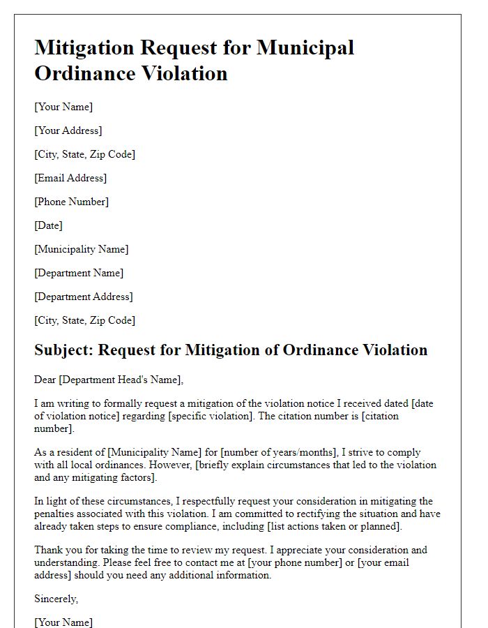 Letter template of municipal ordinance violation mitigation request