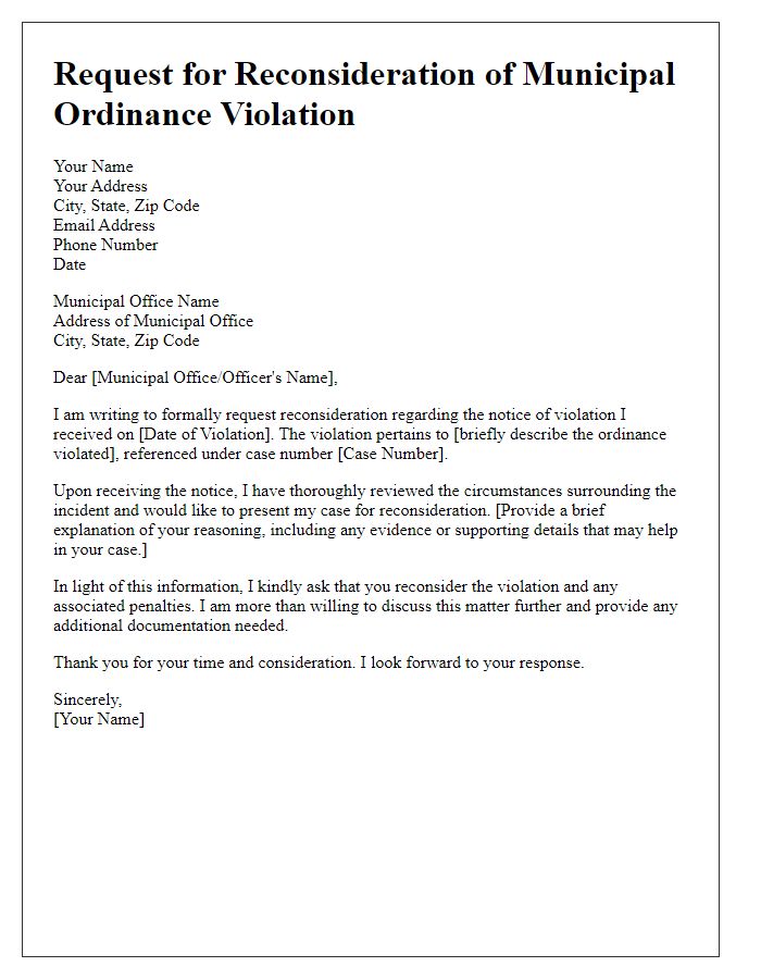 Letter template of request for reconsideration of municipal ordinance violation