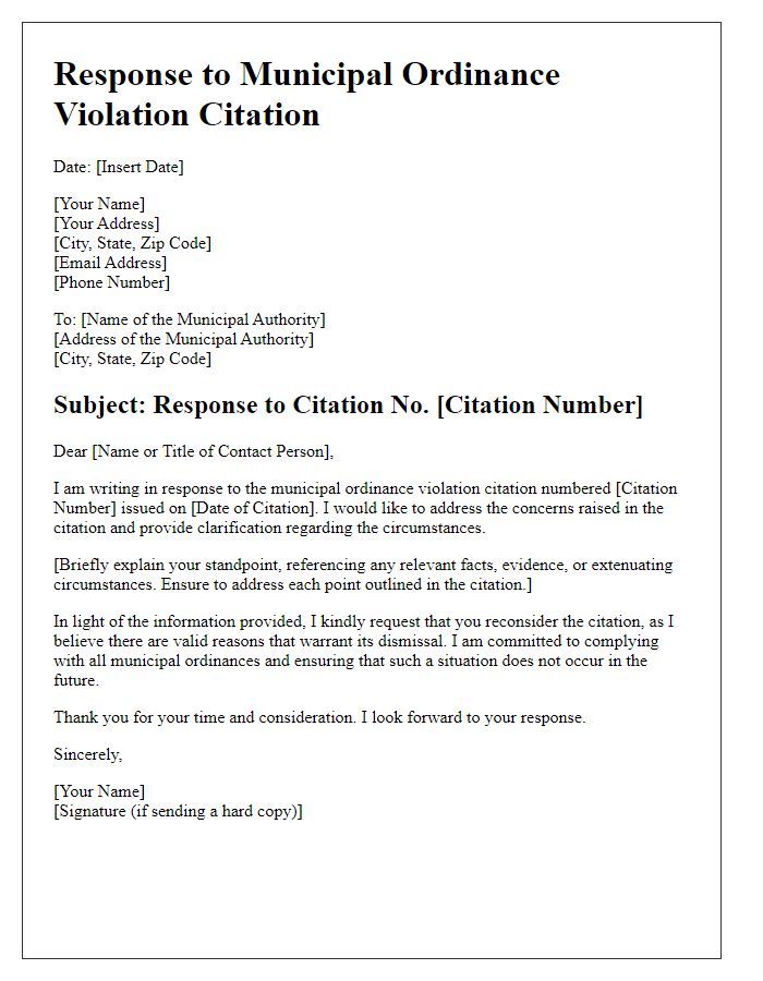 Letter template of response to municipal ordinance violation citation