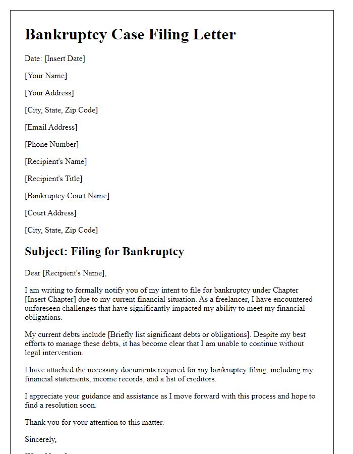 Letter template of bankruptcy case filing for freelancers