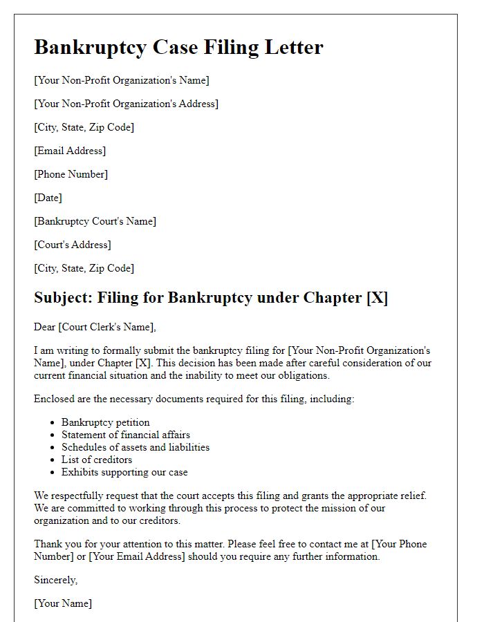 Letter template of bankruptcy case filing for non-profit organizations