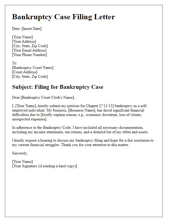 Letter template of bankruptcy case filing for self-employed individuals