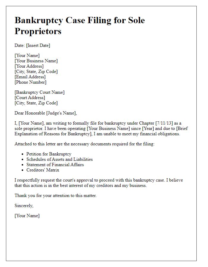 Letter template of bankruptcy case filing for sole proprietors