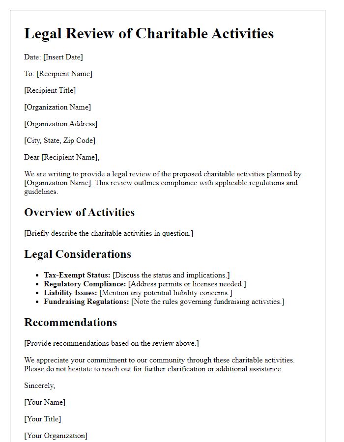 Letter template of charitable activities legal review