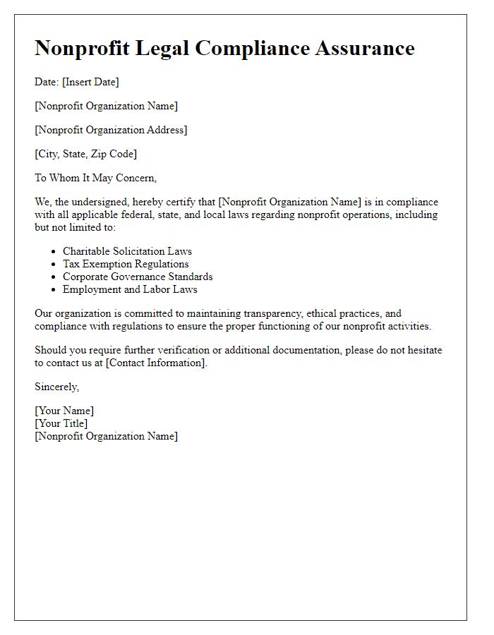 Letter template of nonprofit legal compliance assurance