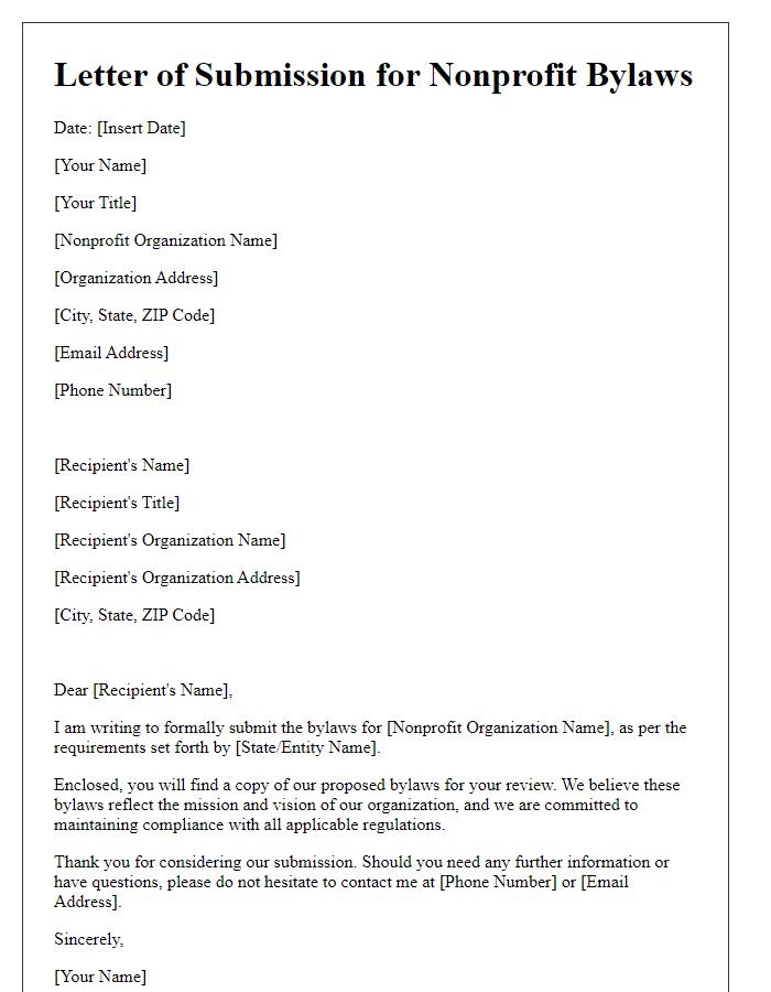 Letter template of nonprofit bylaws submission