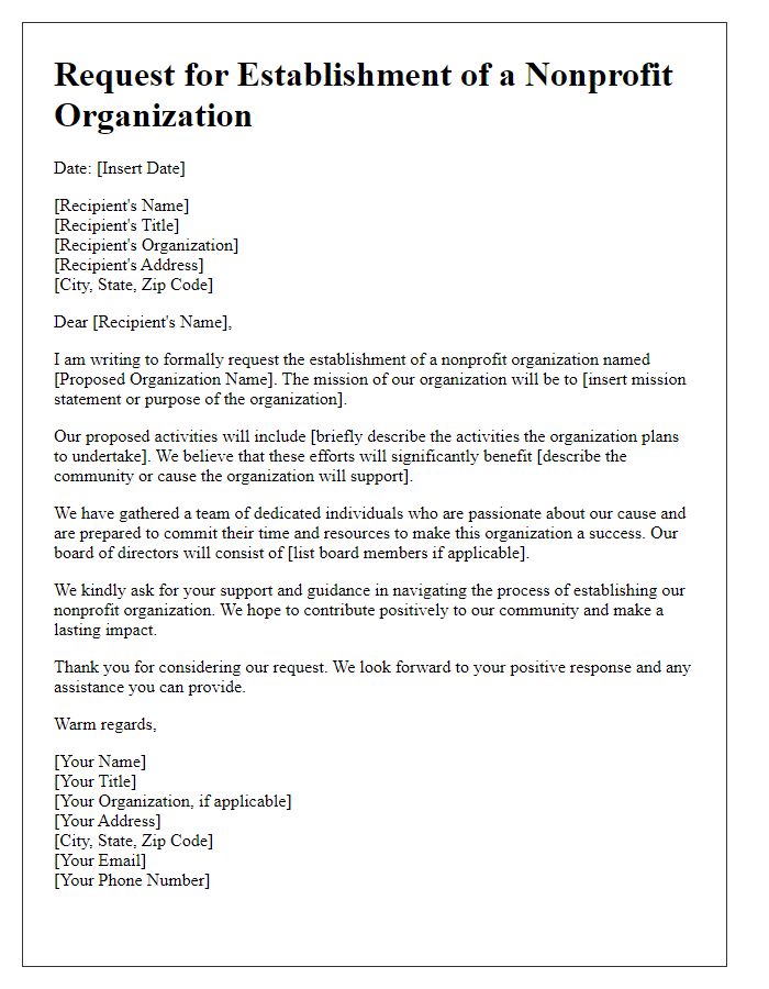 Letter template of nonprofit organization establishment request