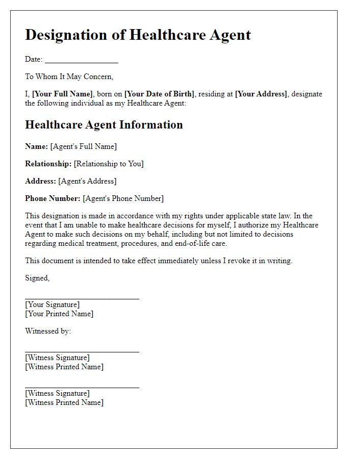 Letter template of Designation of Healthcare Agent