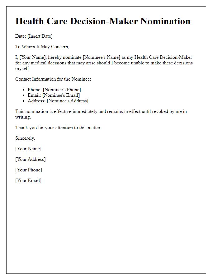 Letter template of Health Care Decision-Maker Nomination