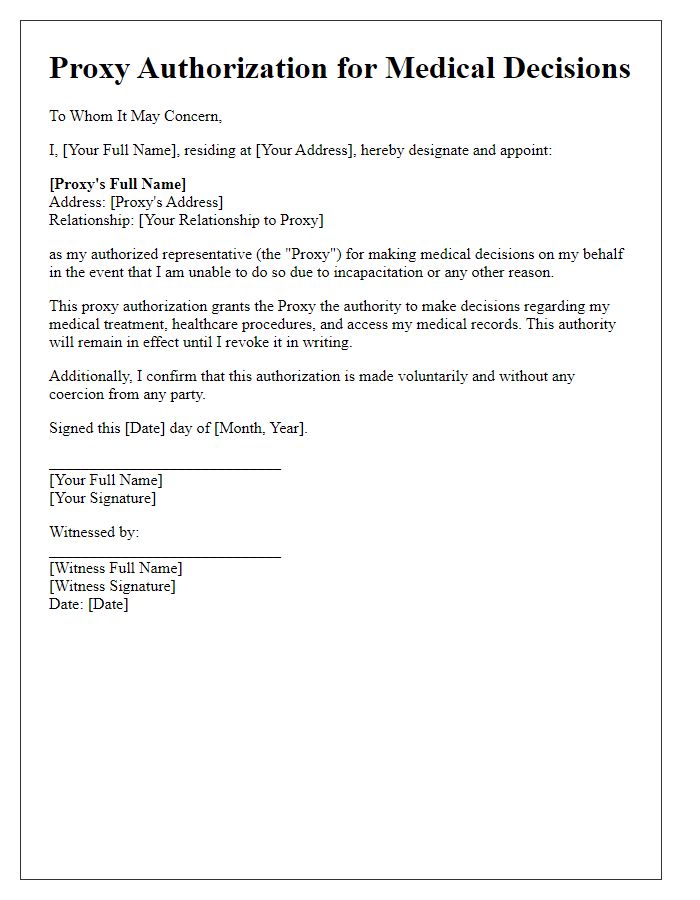 Letter template of Proxy Authorization for Medical Decisions