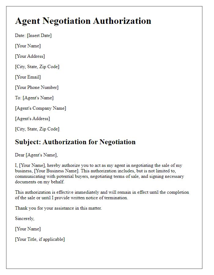 Letter template of agent negotiation authorization for business sales.