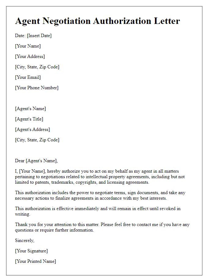 Letter template of agent negotiation authorization for intellectual property agreements.