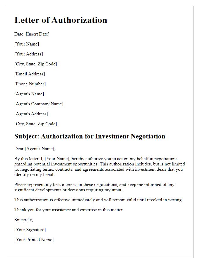 Letter template of agent negotiation authorization for investment deals.