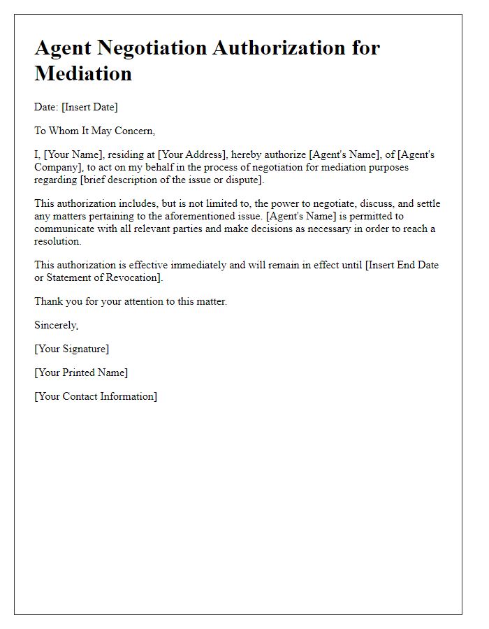 Letter template of agent negotiation authorization for mediation purposes.