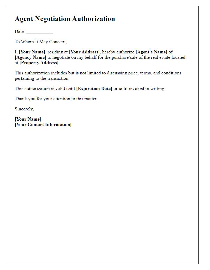 Letter template of agent negotiation authorization for real estate transactions.