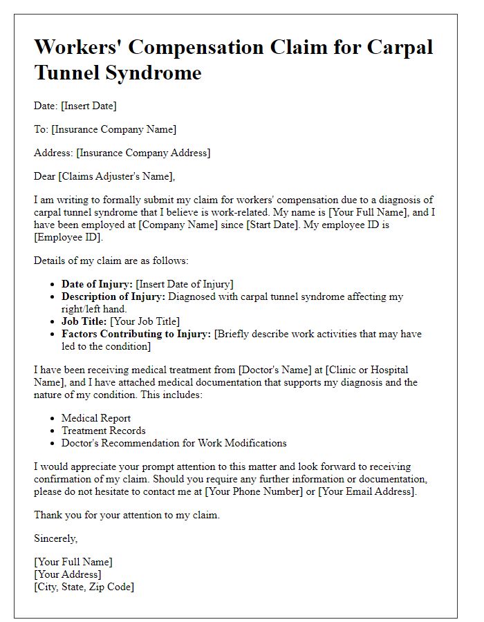 Letter template of workers' compensation claim for carpal tunnel syndrome.