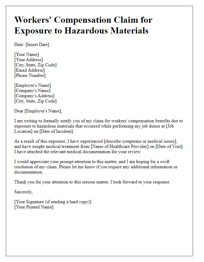 Letter template of workers' compensation claim for exposure to hazardous materials.