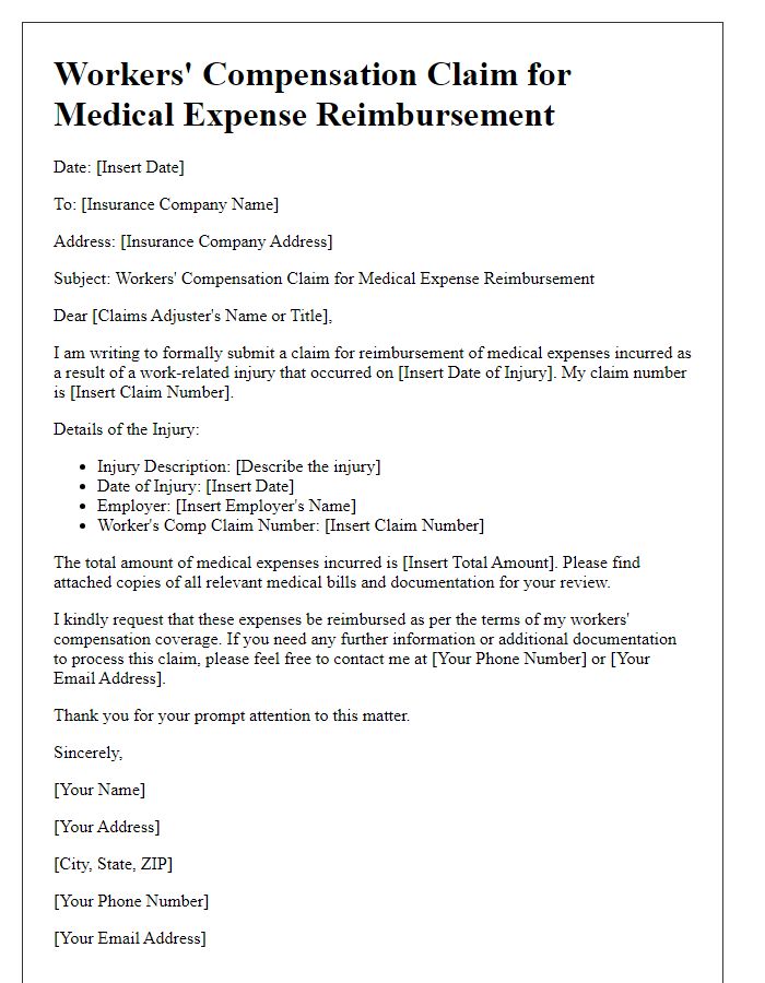 Letter template of workers' compensation claim for medical expense reimbursement.