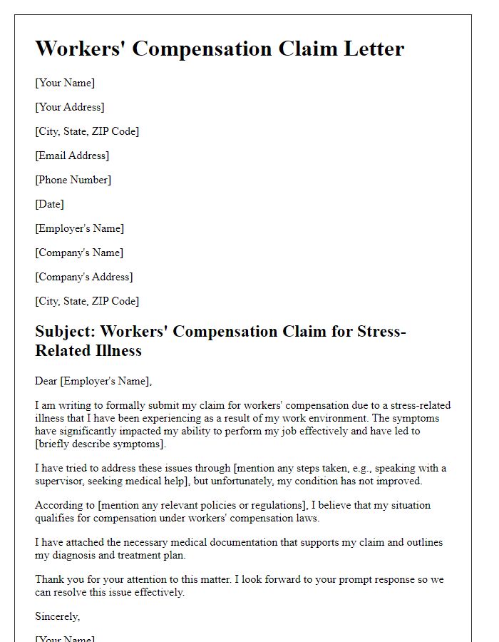 Letter template of workers' compensation claim for stress-related illness.