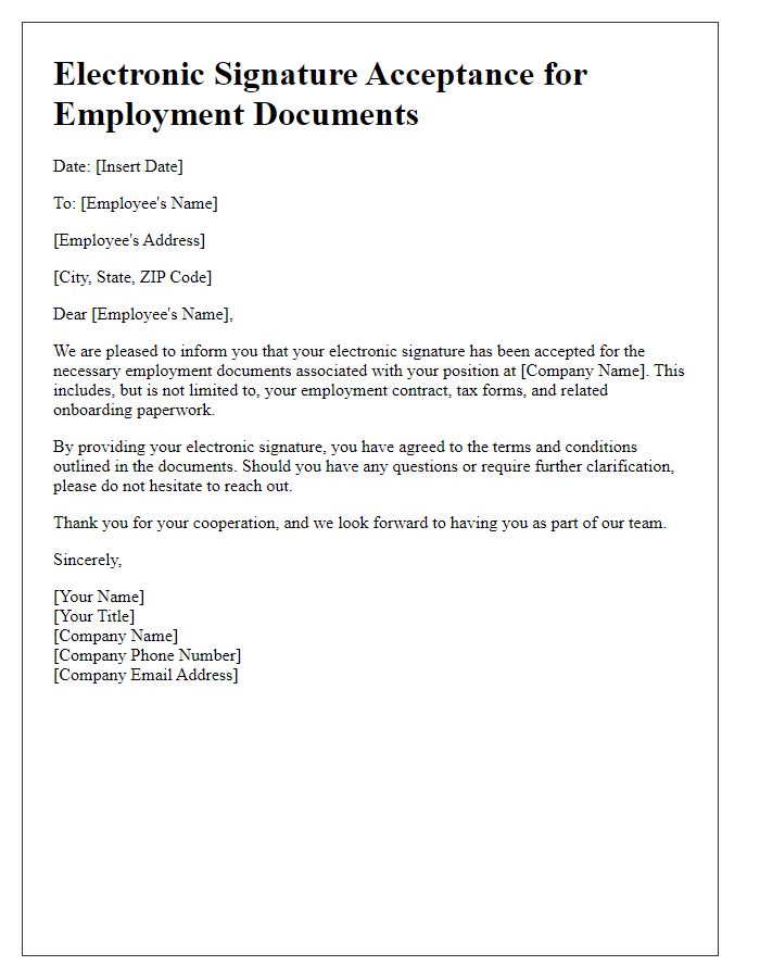 Letter template of electronic signature acceptance for employment documents