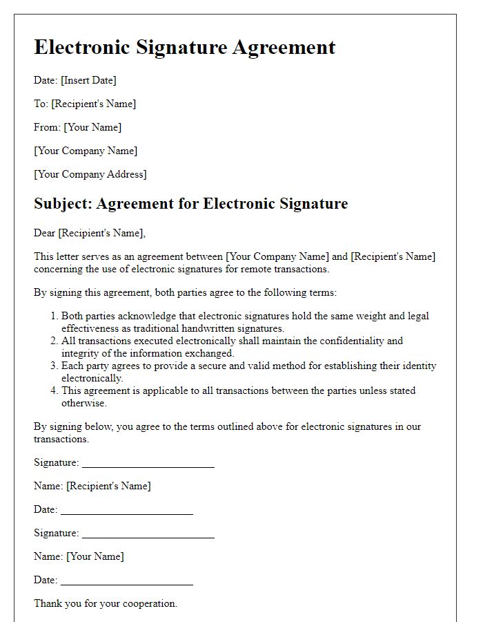 Letter template of electronic signature agreement for remote transactions