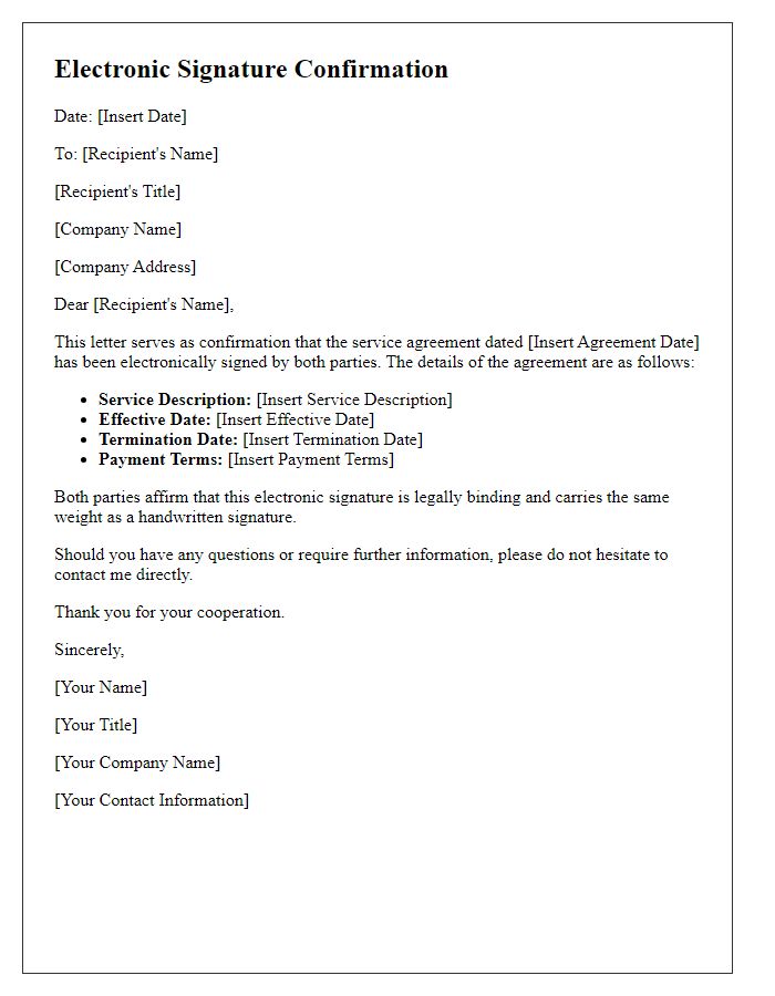 Letter template of electronic signature confirmation for service agreements