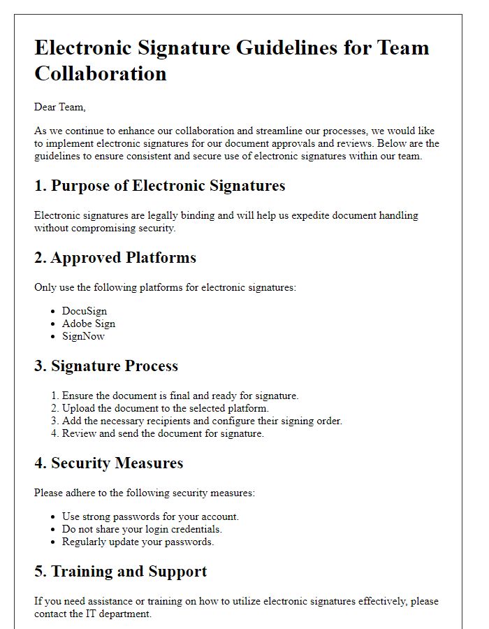 Letter template of electronic signature guidelines for team collaboration