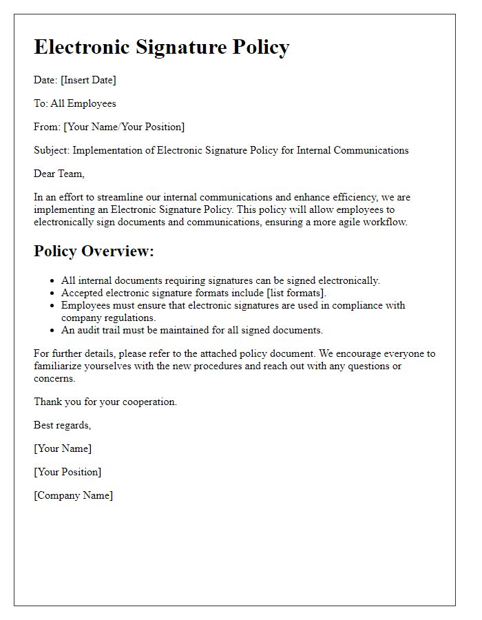 Letter template of electronic signature policy for internal communications