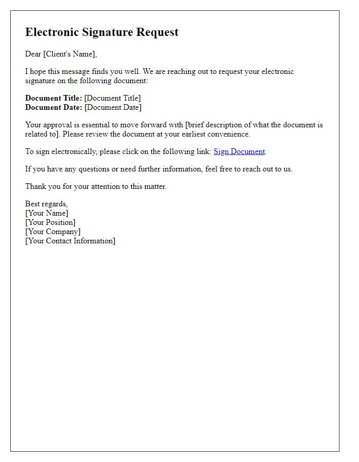 Letter template of electronic signature request for client approvals