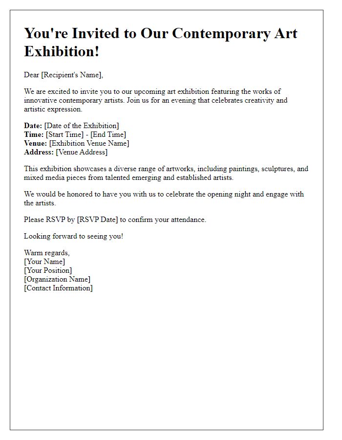 Letter template of art exhibition invitation for contemporary artists.