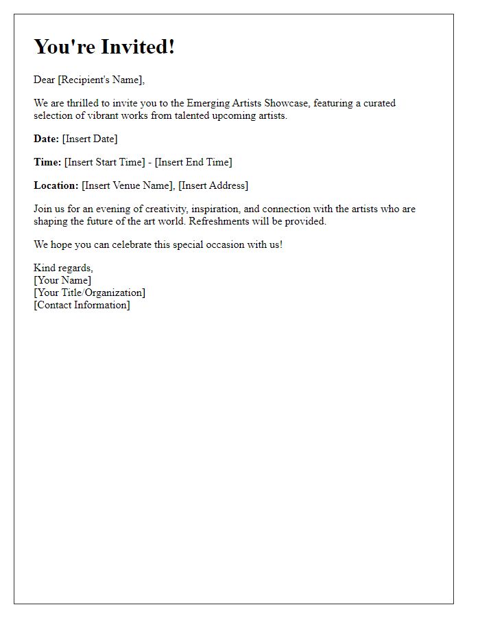 Letter template of art exhibition invitation for emerging artists showcase.