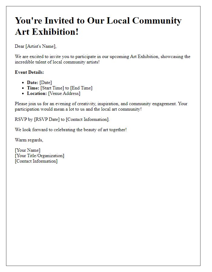 Letter template of art exhibition invitation for local community artists.