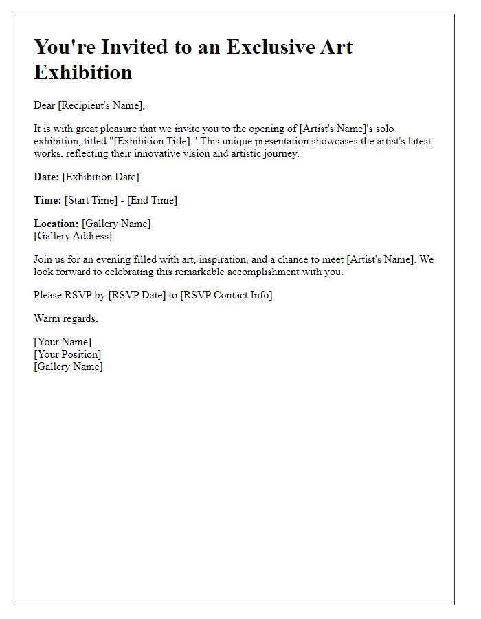 Letter template of art exhibition invitation for a solo artist presentation.