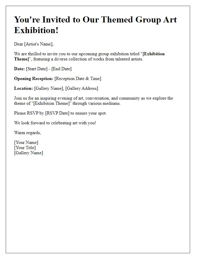 Letter template of art exhibition invitation for a themed group show.