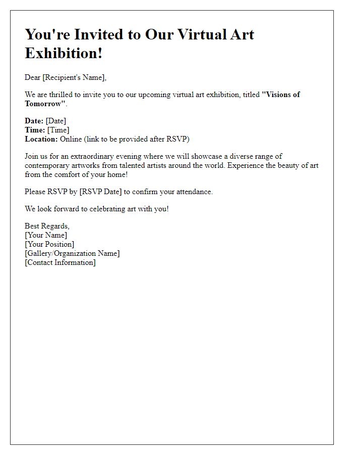 Letter template of art exhibition invitation for a virtual gallery event.