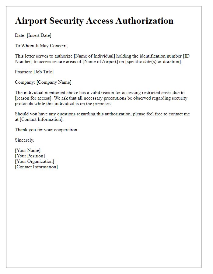 Letter template of airport security access authorization