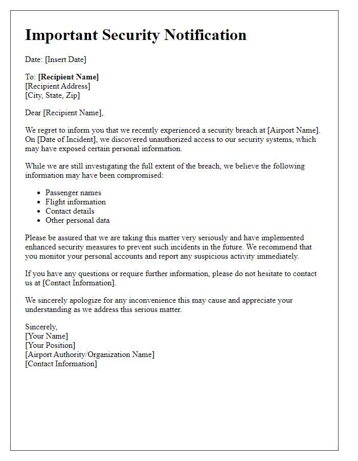 Letter template of airport security breach notification