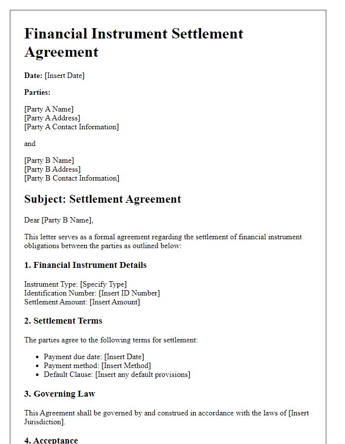 Letter template of financial instrument settlement agreement