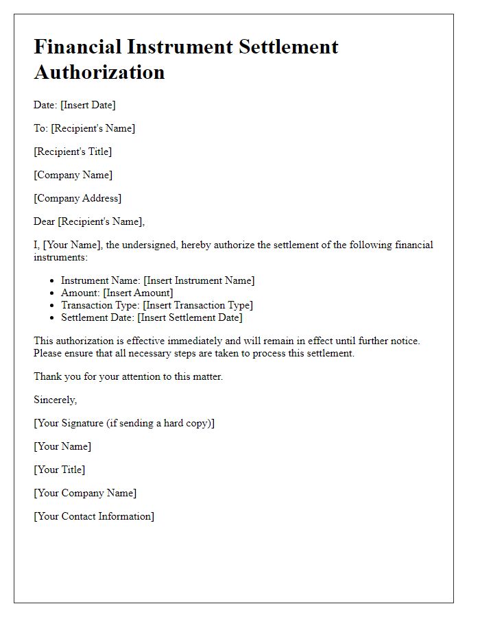 Letter template of financial instrument settlement authorization