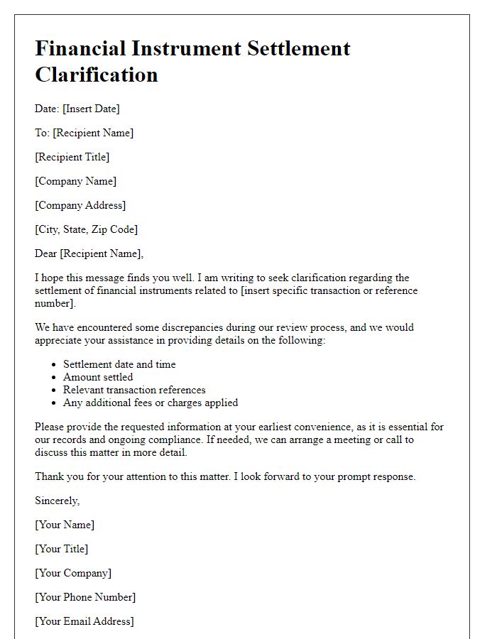 Letter template of financial instrument settlement clarification