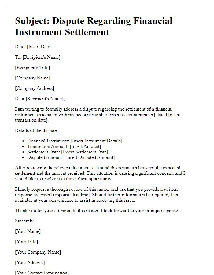 Letter template of financial instrument settlement dispute