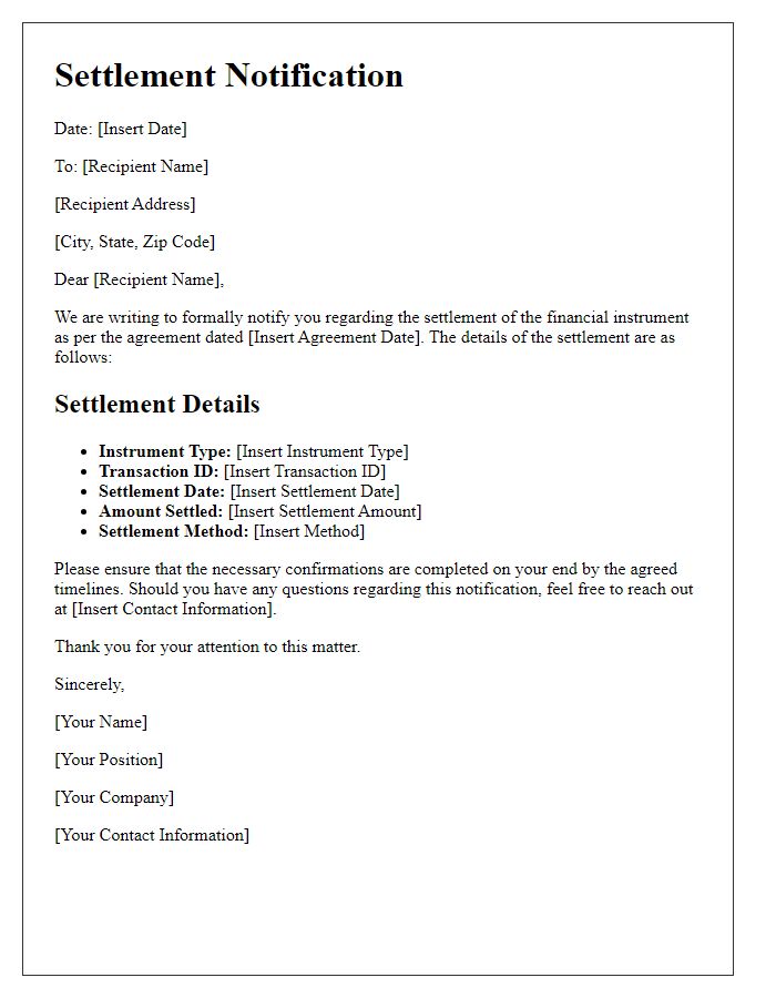 Letter template of financial instrument settlement notification