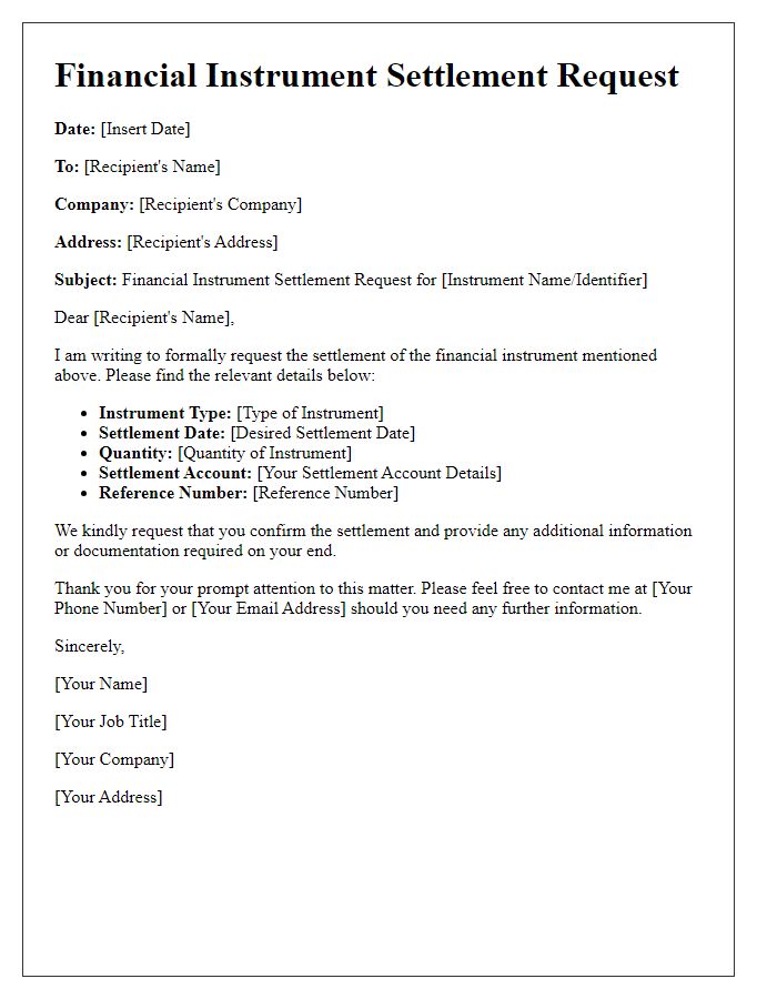 Letter template of financial instrument settlement request