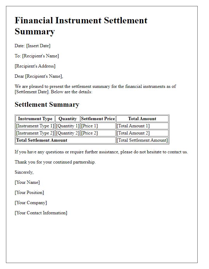 Letter template of financial instrument settlement summary